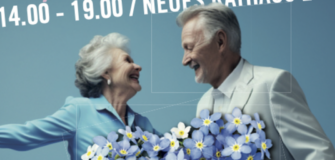 Einladung des Balls. Eine Seniorin und ein Senior tanzen zusammen. In der Mitte des Bildes ist ein Herz aus Vergissmeinnicht zu sehen.