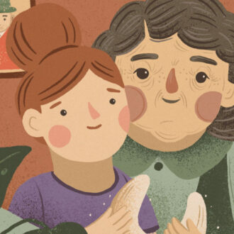 Illustration einer Pensionistin mit ihrer Enkelin