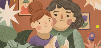 Illustration einer Pensionistin mit ihrer Enkelin