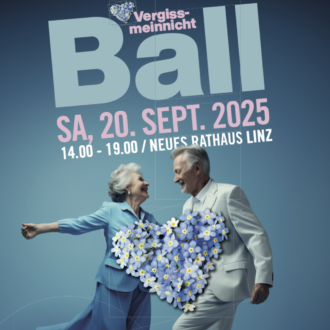 Einladung des Balls. Eine Seniorin und ein Senior tanzen zusammen. In der Mitte des Bildes ist ein Herz aus Vergissmeinnicht zu sehen.