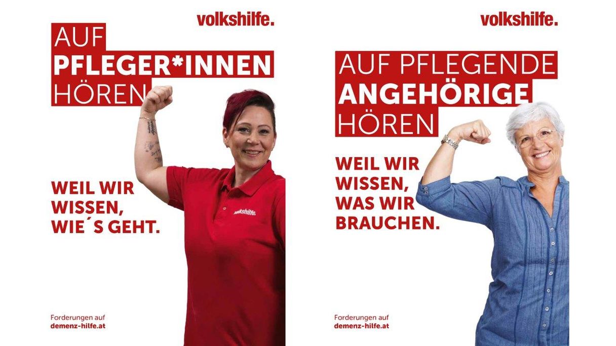 Kampagnen Coverbilder. Titel: "Auf Pfleger*innen hören", Text auf dem linken Bild: "Weil wir wissen wie's geht." Text auf dem rechten Bild: "Weil wir wissen, was wir brauchen. Auf dem linken Cover ist eine Pflegerin zu sehen und auf dem rechten Cover eine Pensionistin. Beide halten ihre Arme im rechten Winkel in die Höhe und haben eine Faust gebildet. Beide schauen selbstbewusst in die Kamera